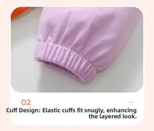 Detail of elastic ribbed cuffs on a light purple girls' cotton sweatshirt set