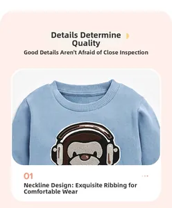 Detail of soft ribbed crew neck and cute monkey patch embroidery on blue sweatshirt