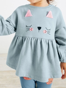 Cute gray-blue girls' long sleeve cat embroidery sweatshirt set with ruffled hem detail
