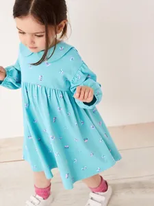 Abito da Bambina a Maniche Lunghe con Stampa a Farfalla in Cotone Principessa Colletto Peter Pan Azzurro Autunno Casual