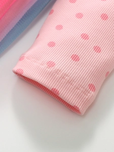 Abito in tulle a maniche lunghe per bambine con polsini in maglia e pois rosa