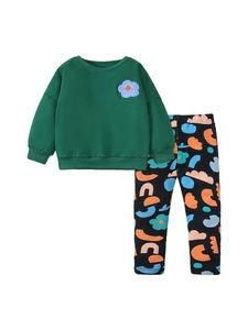 Girls dark green fleece sweatshirt with flower patch and patterned joggers set