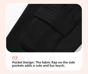 Detail view of large cargo pocket with rectangular flap on black cotton pants
