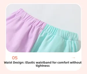 Detail of elastic waistband on purple and mint green cotton knit toddler outfit set