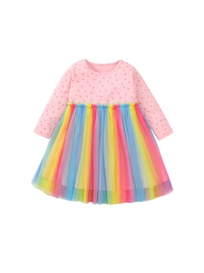Abito bambina rosa a pois maniche lunghe con gonna tutu arcobaleno colorata e cintura oro