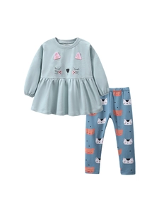 Cute mint green cat embroidery long sleeve top and patterned leggings two-piece set