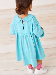 Abito bambina in cotone blu a maniche lunghe con stampa di farfalle e colletto Peter Pan