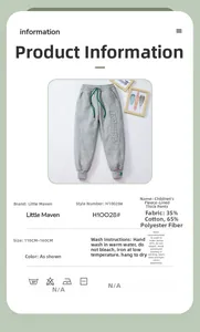 Detail view of boys fleece-lined joggers with size chart and material specifications