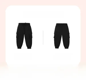 Detail view showing front and back of boys black cotton cargo pants with drawstring waist