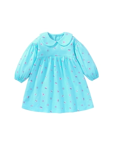 Abito principessa bambina a maniche lunghe con stampa a farfalla in cotone blu lago