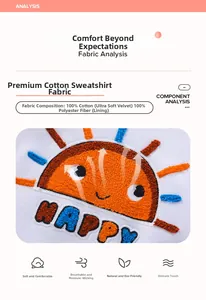 Close-up of white cotton sweatshirt fabric featuring orange sun and blue HAPPY embroidery