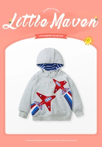 Close-up of gray hooded sweatshirt for boys with red airplane applique and stripe lining