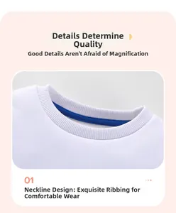 Detail of white kids sweatshirt showing high-quality ribbed neckline and blue inner piping