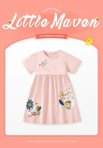 Detail of pink cotton dress featuring cartoon butterfly and rabbit embroidery applique