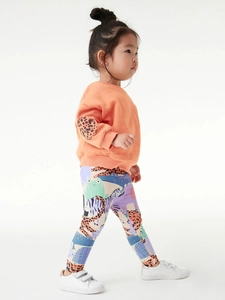 Girls orange fleece sweatshirt set with leopard patches and colorful animal print leggings