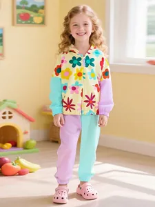 Girls Floral Print Colorblock Hooded Sweatshirt And Pants Autumn Casual Toddler Outfits With Cute Ears