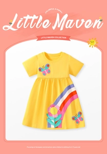 Detail of girls cotton yellow dress with rainbow and sunflower applique embroidery