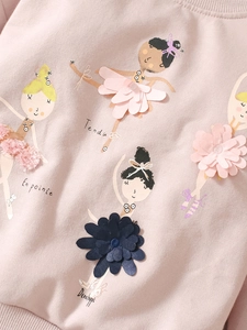 Felpa rosa da bambina con stampe di ballerine e dettagli in rete 3D e fiori di tessuto