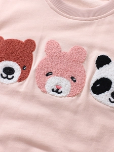 Pink fleece sweatshirt for girls featuring cute animal chenille patches and rib knit collar