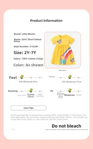 Detail of yellow cotton dress for girls featuring rainbow and butterfly appliques