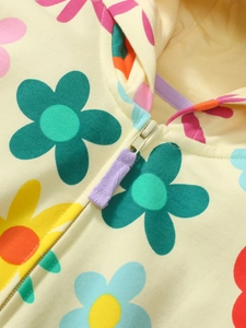 Floral print toddler girls hooded jacket with purple zipper detail in yellow cotton