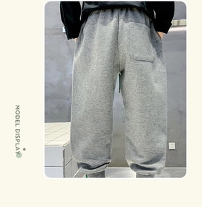 Detail of grey thick cotton jogger for boys featuring elastic waist and side pocket