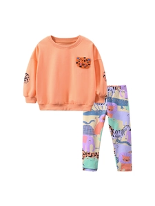 Orange girls fleece sweatshirt and cartoon animal print pants two-piece autumn outfit