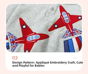 Detail of gray knit hoodie with red airplane applique embroidery and Union Jack design
