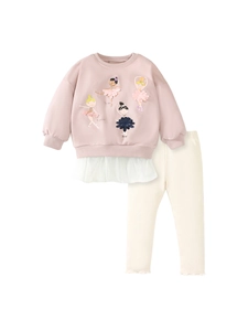 Set felpa rosa per bambina con ricamo ballerina e pantaloni bianchi a costine caldi