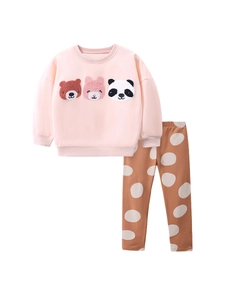 Pink toddler girls fleece sweatshirt with 3D animal embroidery and polka dot pants set