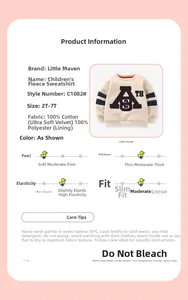 Detail view of children's fleece sweatshirt showing 100% cotton fabric and size chart specs