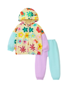 Floral print toddler girls tracksuit set with hooded jacket and colorblock pants