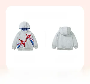 Detail view of grey toddler hoodie with red airplane prints and buttoned neck closure