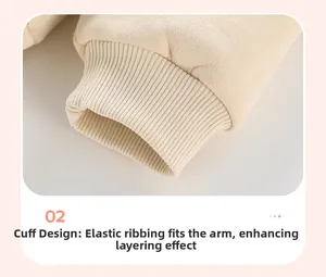 Detail of soft ribbed elastic cuffs on long-sleeve fleece beige children sweatshirt