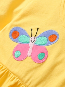 Yellow cotton girl's princess dress with vibrant butterfly embroidery on the chest