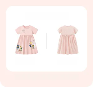 Detailed front and back view of girls' pink cotton dress with rabbit embroidery