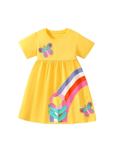 Girl's yellow cotton A-line dress with rainbow stripes and butterfly embroidery