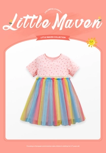 Robe rose à pois pour fillette avec jupe en tulle arc-en-ciel pour 2-7 ans