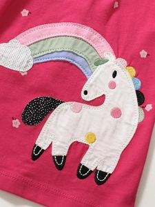 Vestido rosa de algodón para niña con aplique de caballo blanco y bordado de arcoíris
