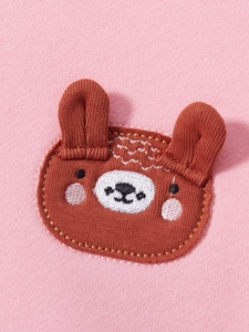 Pink girl's long sleeve sweatshirt detail with a cute 3D brown bear applique and embroidery