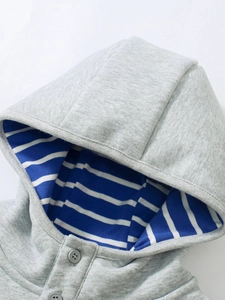 Gray fleece hoodie for boys with blue striped hood lining and button closure details