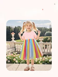 Détail de robe d'été pour fille avec haut à pois roses et jupe en tulle arc-en-ciel