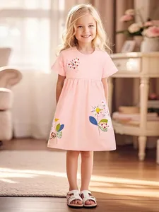 Girls Cotton Short Sleeve Princess Dress Pink Polka Dot A-Line Dress With Cartoon Animal Floral Applique Embroidery For Kids
