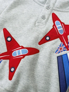 Toddler grey hooded sweatshirt with red airplane embroidery and Union Jack detail