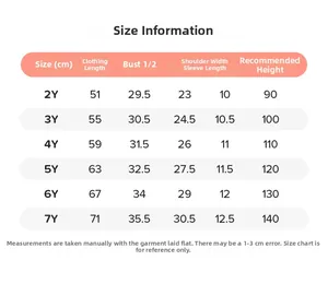Tableau des tailles pour robe d'été fille avec mesures détaillées de 2 à 7 ans