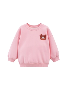 Toddler girl pink fleece sweatshirt with a brown teddy bear patch on the chest