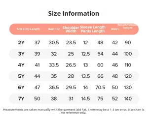 Detailed size chart for girls summer short sleeve clothing set showing measurements from 2Y to 7Y