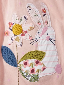 Pink polka dot cotton dress featuring detailed rabbit and flower embroidery for girls