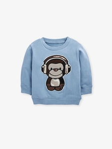 Toddler light blue fleece sweatshirt with a cute cartoon monkey wearing headphones