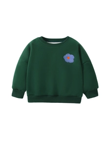 Deep green girls warm fleece sweatshirt featuring a cute purple plush flower embroidery